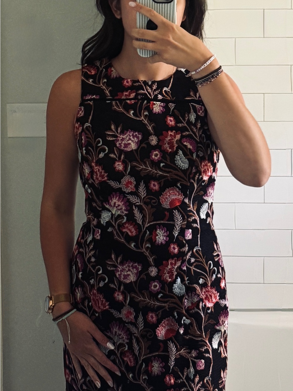 Floral Embroidered Sheath Dress - Black with Pink Accents